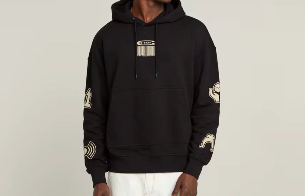 G Star Raw Sweatshirt Mens XXL Black Pullover Hoodie Multi Logo Barcode